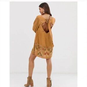 Free People Womens Small Rhiannon Dress Orange Embroidered Long Sleeve Swing